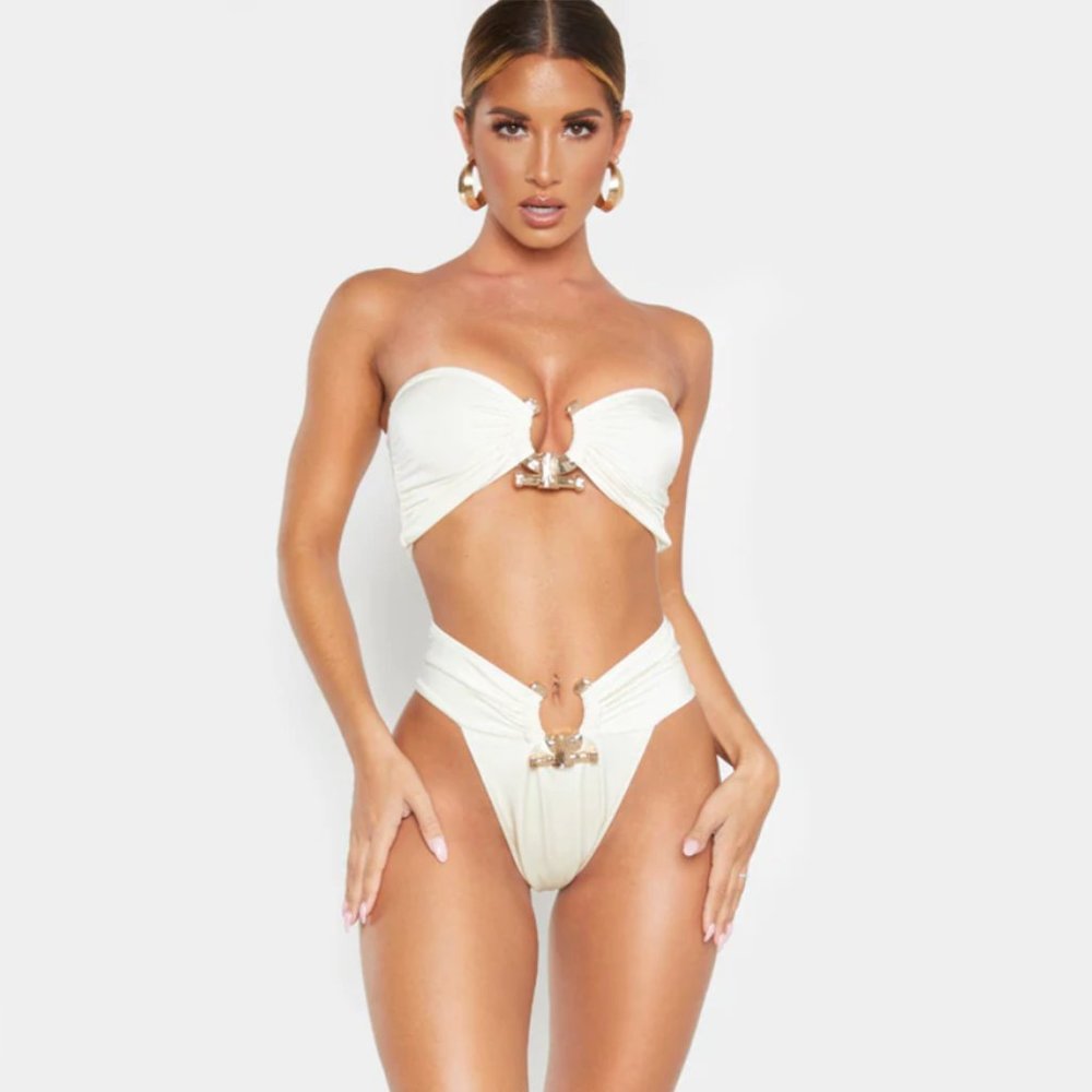 PrettyLittleThing CREAM HAMMERED TRIM BIKINI SET 6